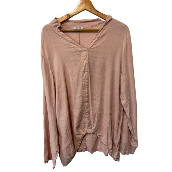 Saga Blush Pink 100% linen Italy Asymmetrical V-Neck Adjustable Cuff Blouse Size - Picture 1 of 16